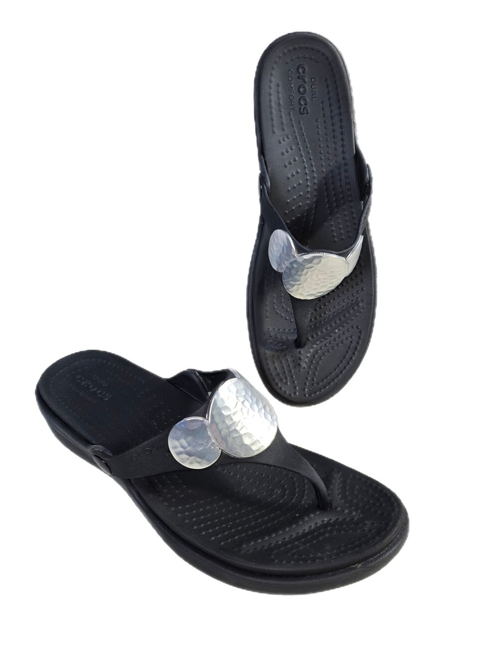 Crocs Sanrah Hammered Metallic Circle Wedge Sandals Thongs Flip Flops Women's 9